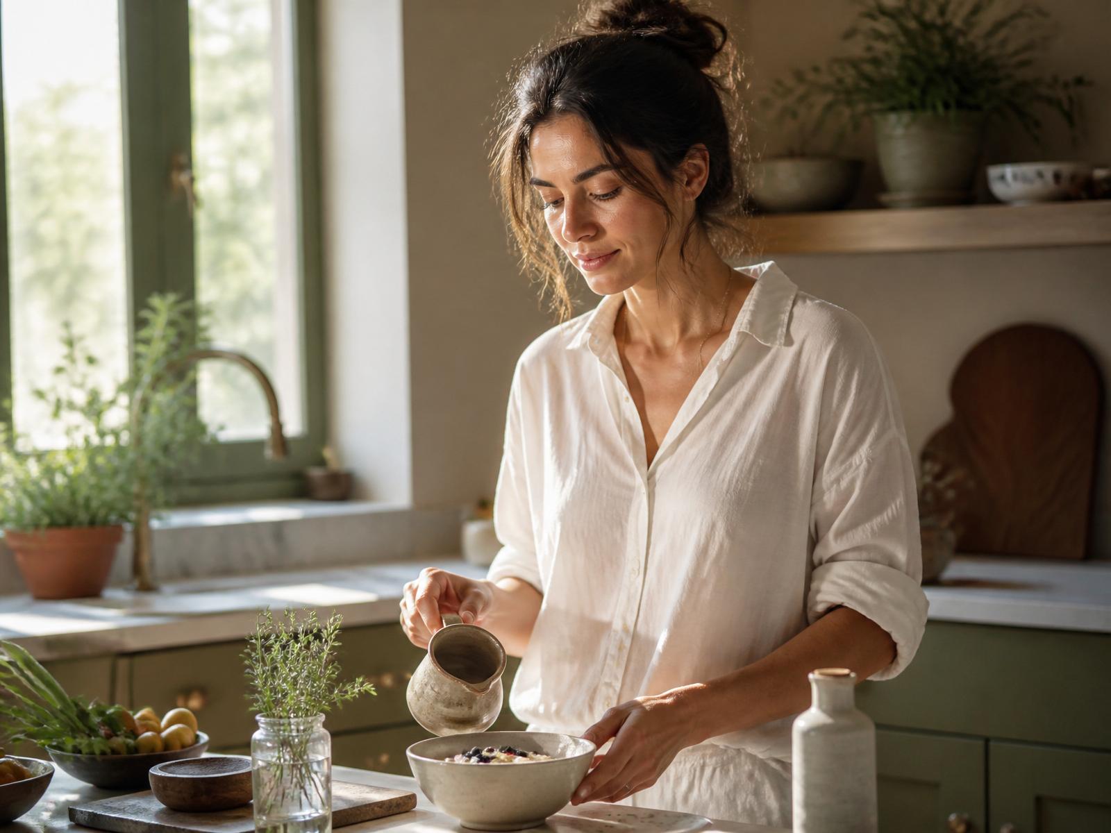 Mujer preparando un desayuno mediterráneo con luz natural en su cocina